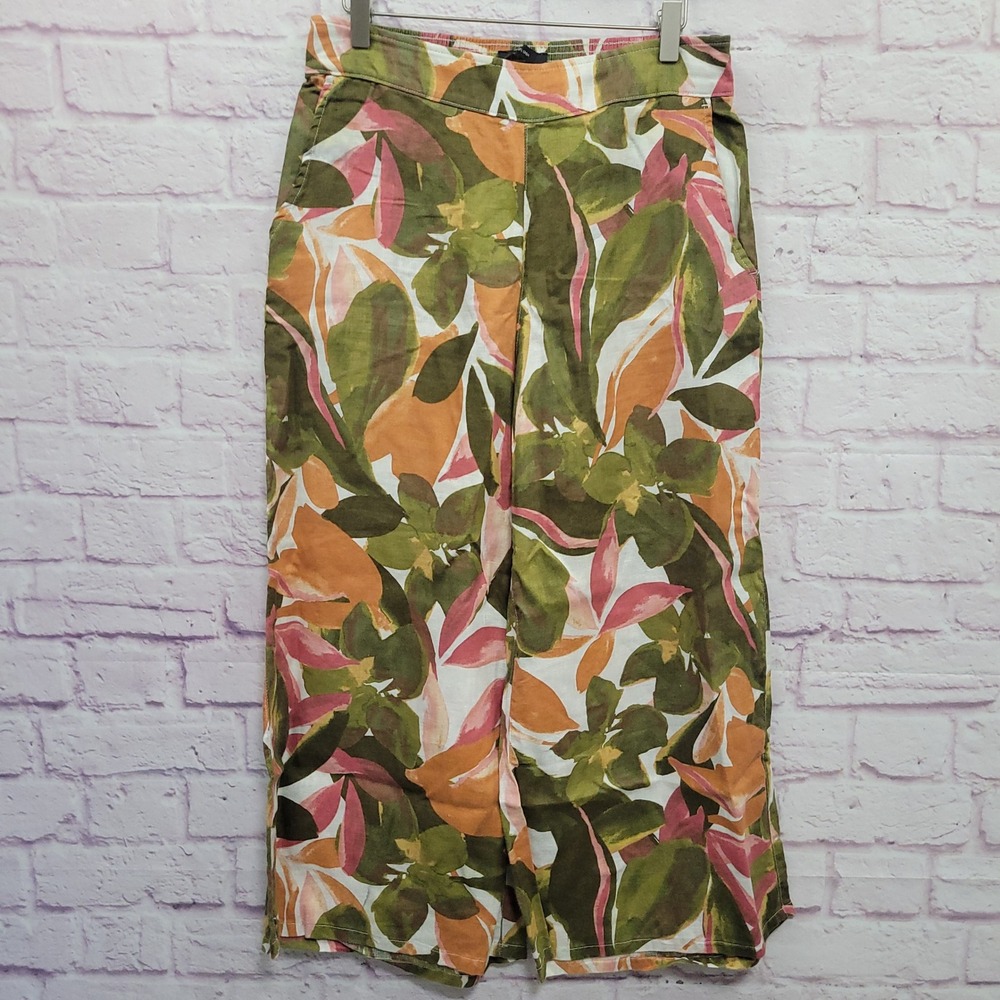 Tahari 100% Linen Wide Leg Culottes Pants Size M Floral Tropical Resortwear Boho